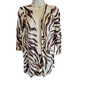 Chicos 3 (XL) brown white animal print open cardigan linen blend midi casual ^
